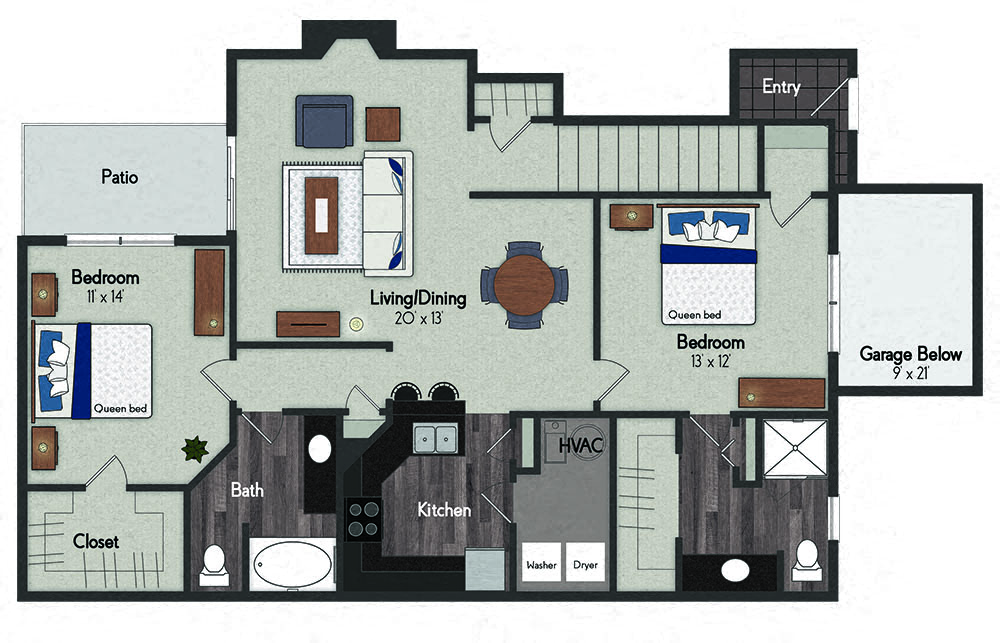 Floor plan for 2 beds, 2 baths, 1213 sqft